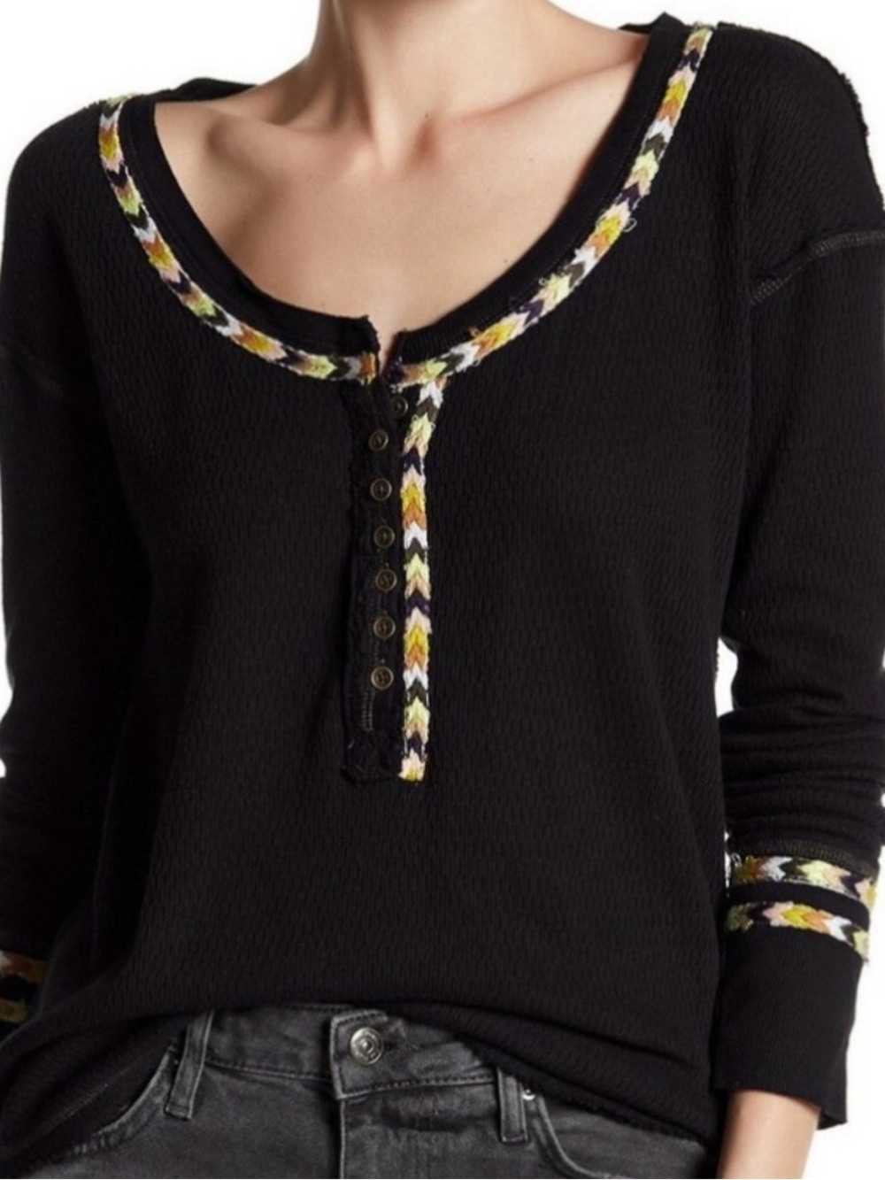 We The Free Long-Sleeve Henley Top with Multicolor Trim